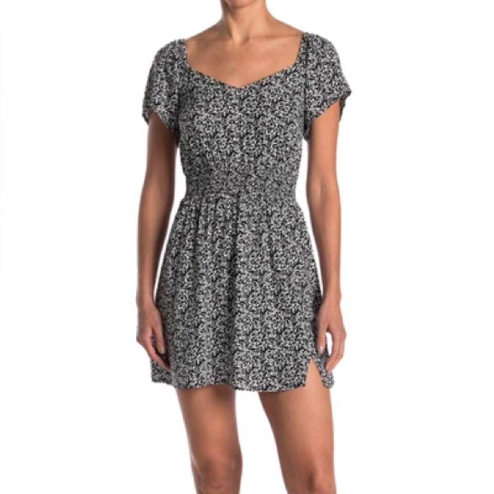 ABOUND Floral Print Smocked Waist Short Sleeve Dress Ivory Black Size 4X NWT
